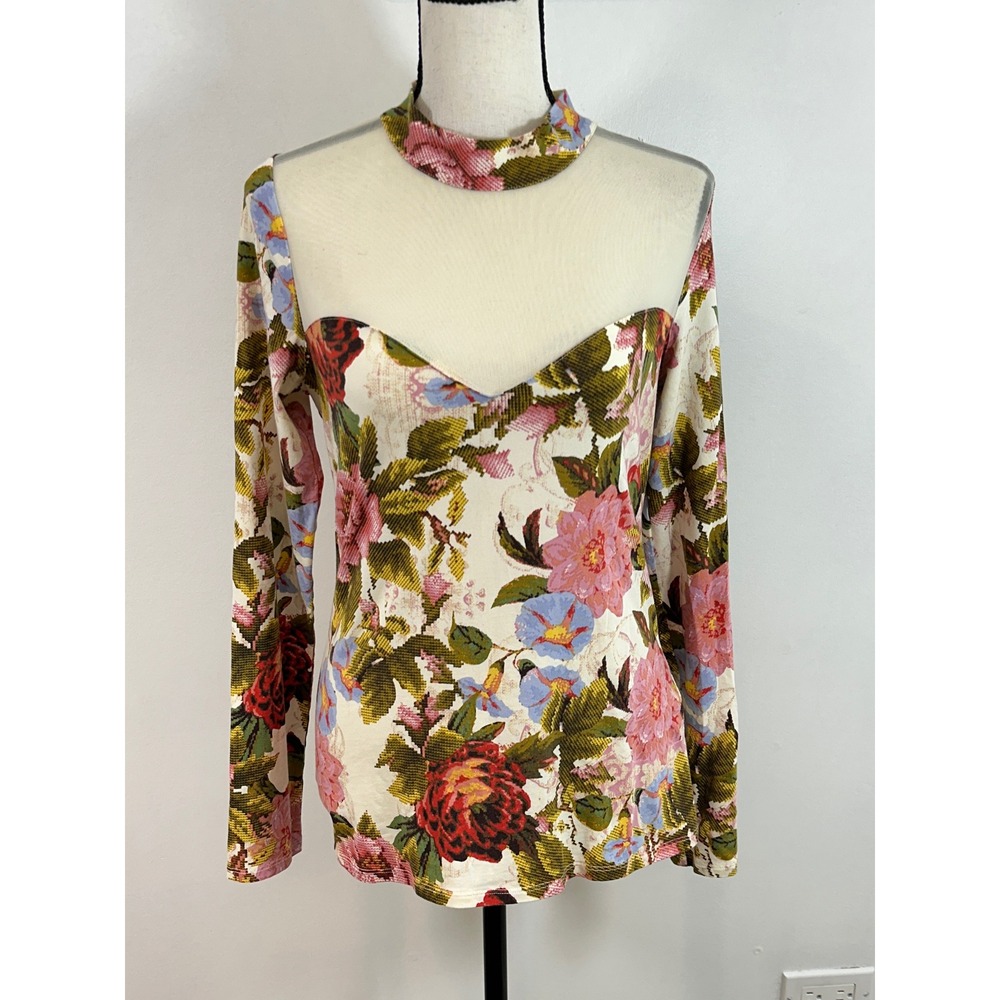 Guess Floral Print Mesh Top Long Sleeve Sheer Mock Neck Blouse Multicolor Size M
